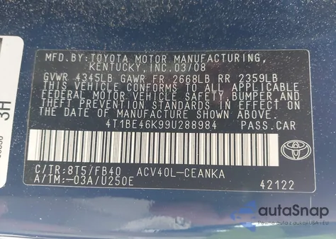 2009 Toyota Camry из США, поврежденный, VIN 4T1BE46K99U288984